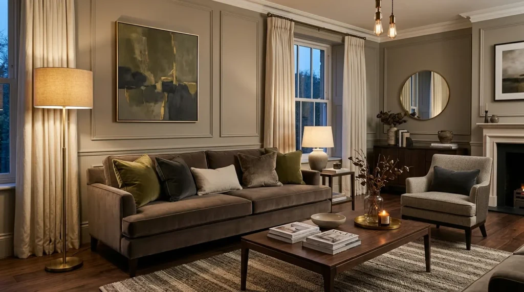 Sophisticated living room decor colors in taupe, cream, greige, and charcoal with brass and velvet accents.