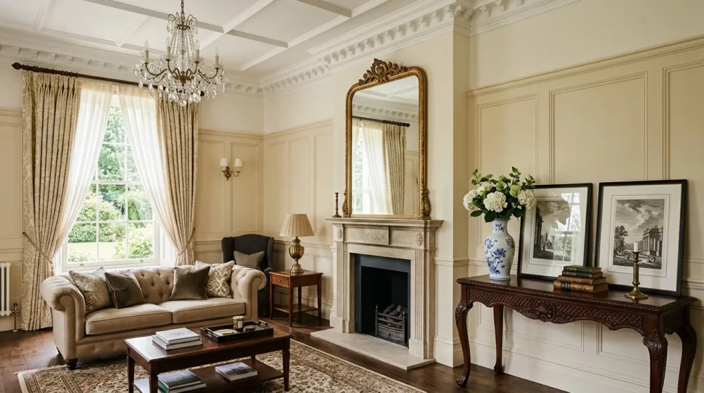 Traditional living room decor ideas with crown molding, antique mirror, paneled walls, and carved wood furniture.