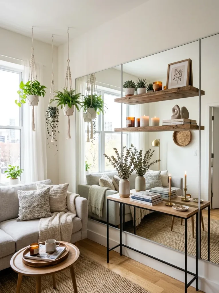 A modern small living room featuring floating shelves, mirrors, hanging planters, and decorative accessories.