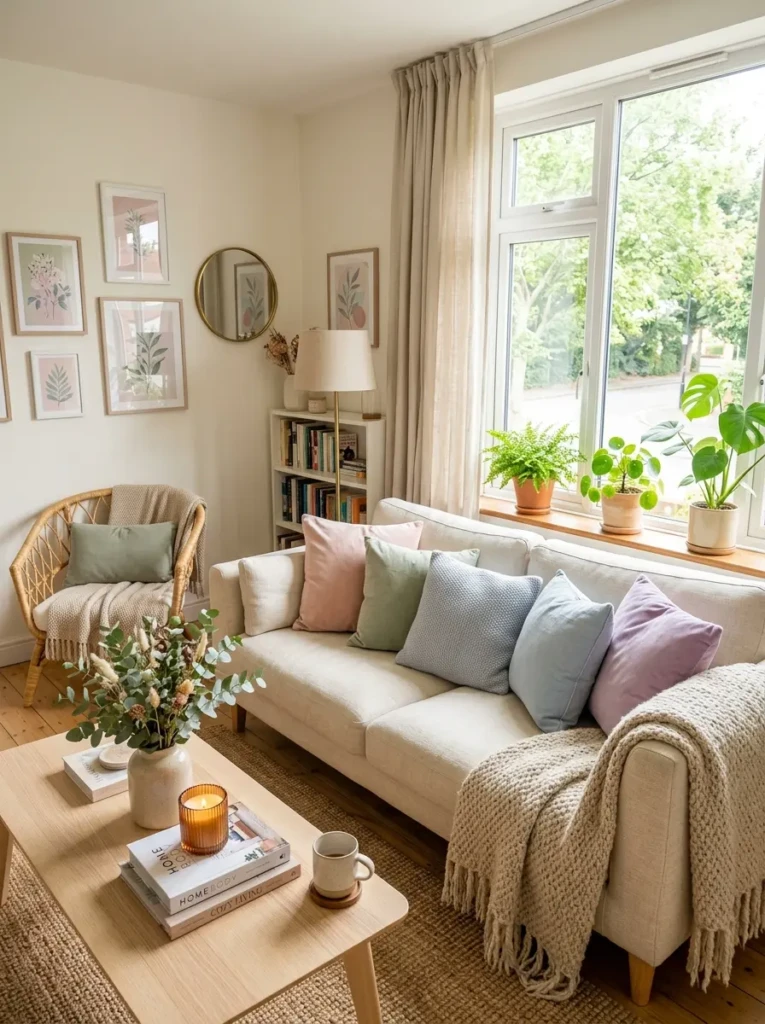 Airy pastel living room with blush, sage, powder blue, and lilac decor, wool throws, and soft daylight.