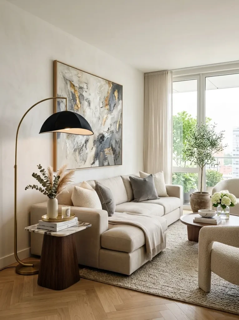 Classy modern living room decor featuring a statement floor lamp, sculptural side table, oversized art, and elegant neutral furnishings.