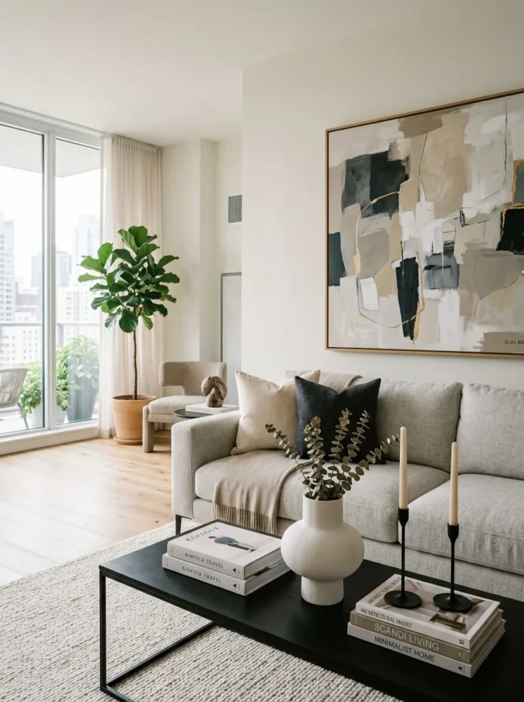 Modern elegant living room decor featuring sculptural vases, stacked books, abstract wall art, candle holders, and a neutral sofa in a refined arrangement.