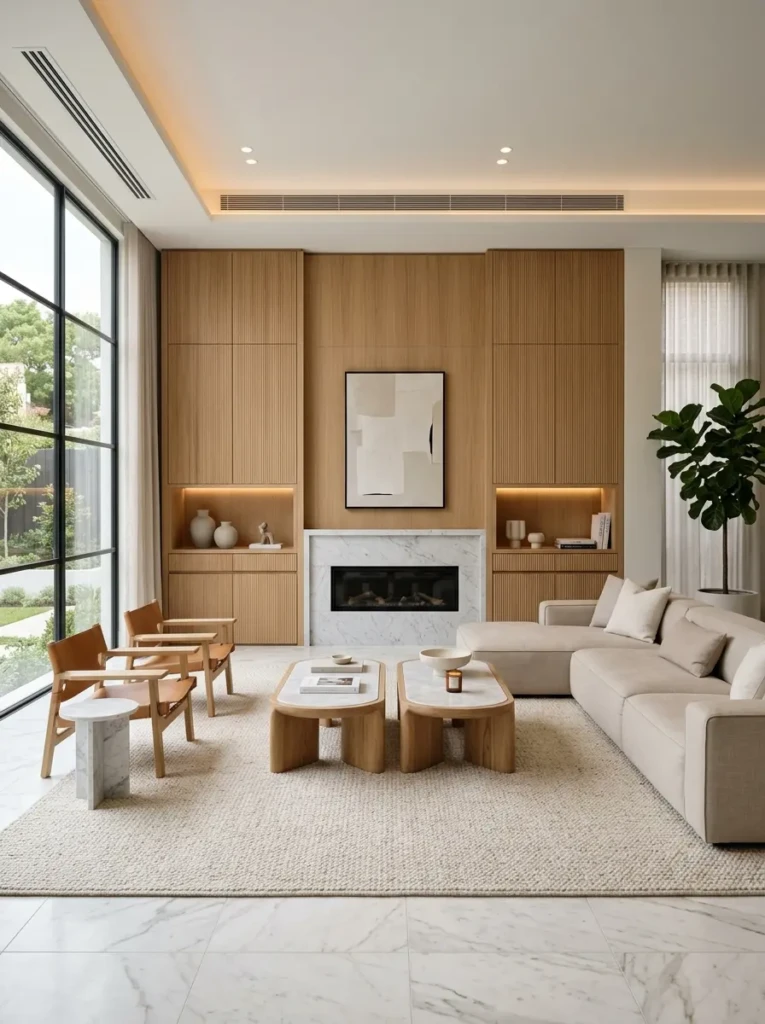 Minimal luxury modern living room decor with seamless storage, beige sectional, oak and marble materials, and clean symmetrical styling.