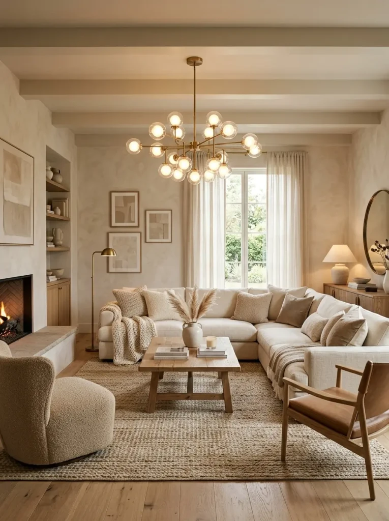 Soft neutral living room decor in cream and sand tones with plush textiles, layered cushions, and a sculptural chandelier above the seating area.