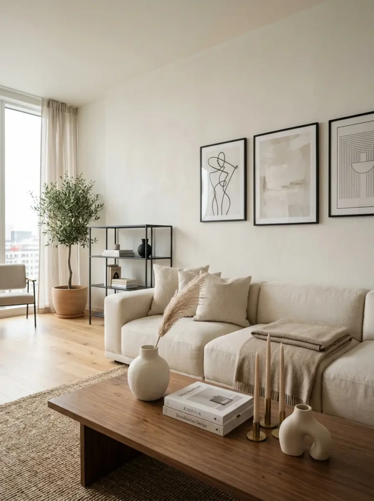 A small living room decorated with framed art, candles, ceramic vase, and stylish coffee table books.