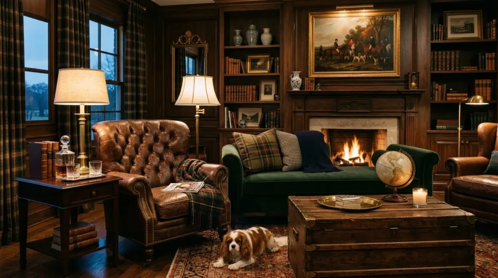 Ralph Lauren home living room inspired by dark wood, leather seating, plaid cushions, and heritage luxury styling.
