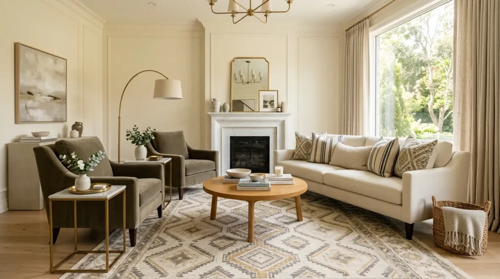 elegant living room design with balanced patterns, neutral tones, striped cushions, velvet chairs, and sophisticated layered textures