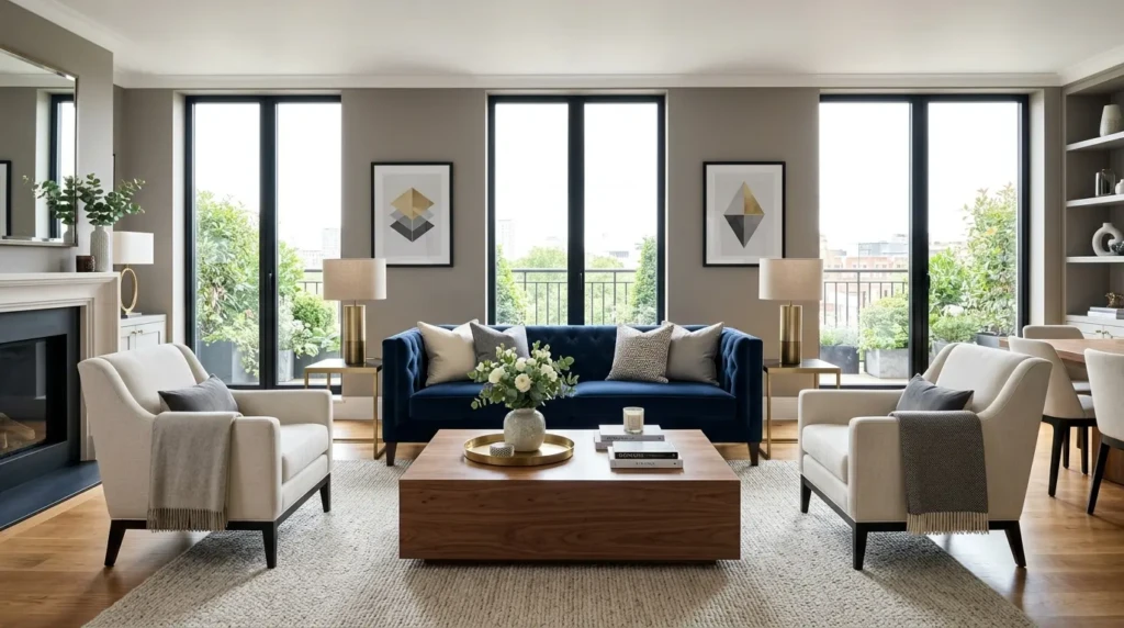Modern living room design featuring symmetrical furniture placement, tufted sofa, matching chairs, and walnut wood table.