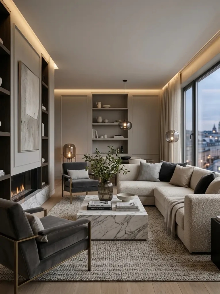 Sophisticated living room with velvet, boucle, marble, and linen textures, soft neutral colors, and warm indirect lighting.