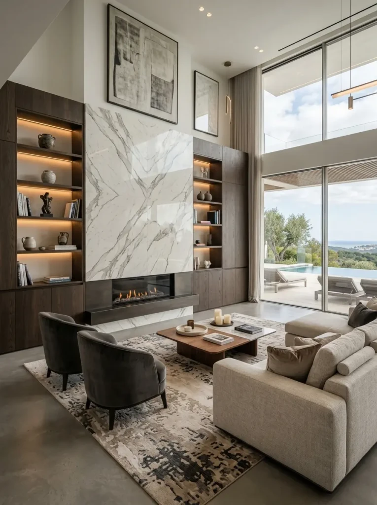 High-end modern living room with built-in fireplace, marble slab wall, LED shelving, bespoke cabinetry, and luxury neutral furniture.