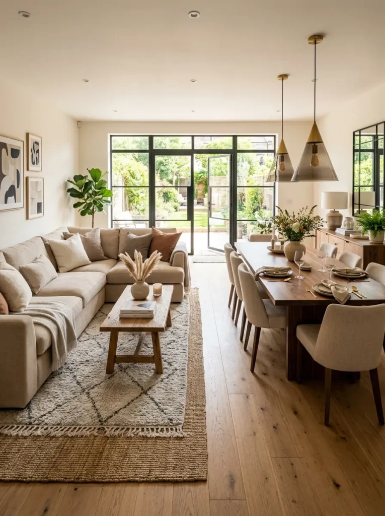 Stylish open concept living room and dining room with beige sofa, wooden dining table, and cohesive decor.