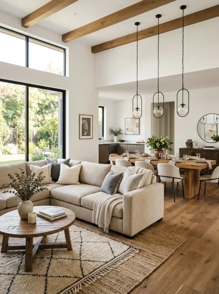 Modern open living room and kitchen with island seating, sleek cabinets, and connected social layout.