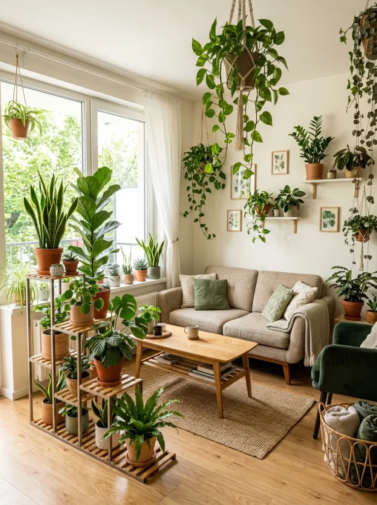 A fresh small living room filled with hanging plants, snake plants, and natural wood decor.