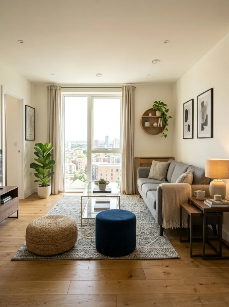 A well-planned small living room furniture layout with sofa, coffee table, poufs, and clear walking space.