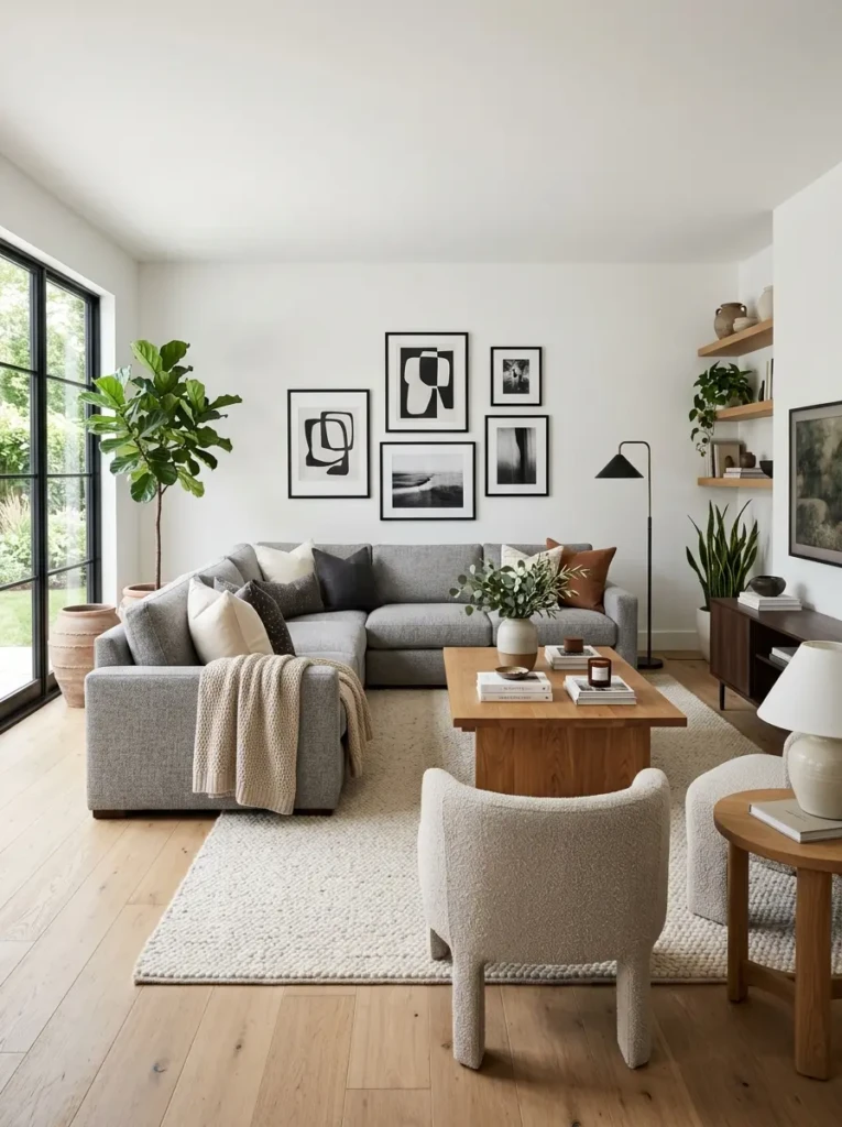 Spacious living room grey couch setup with sectional sofa, cream rug, oak coffee table, and indoor plants.