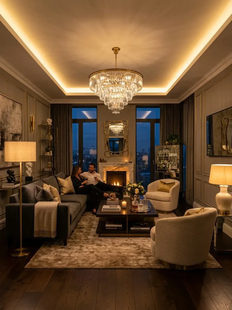 Luxury living room glowing with chandelier, floor lamps, and warm cove lighting.