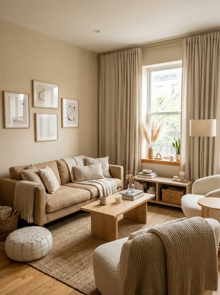 A beige and cream small living room with tan sofa, oatmeal curtains, and layered neutral decor accents.