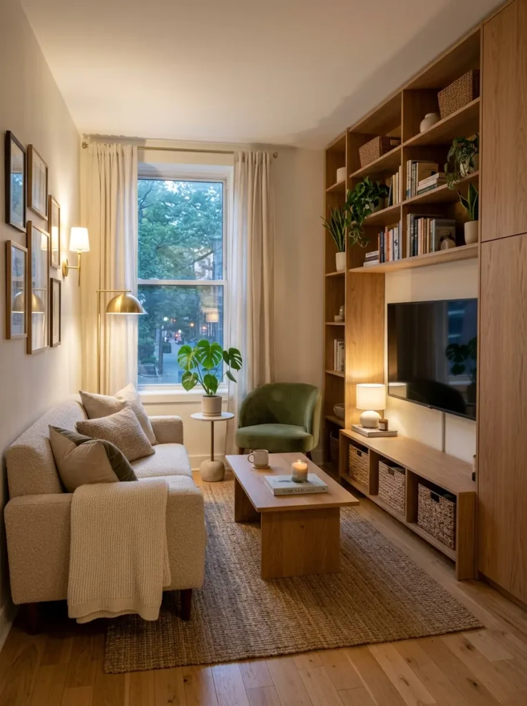 A beautifully balanced small living room with smart furniture, layered textures, warm lighting, and stylish decor.