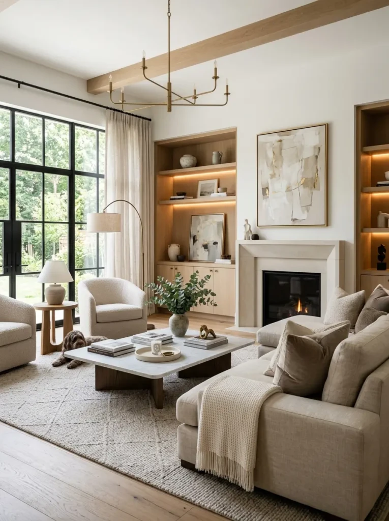 Timeless contemporary living room with elegant neutral furniture, layered lighting, and sophisticated decor.