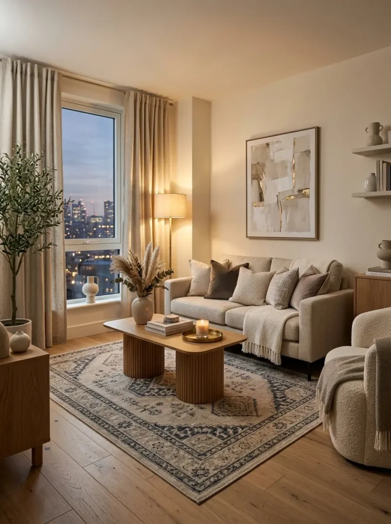 A stylish small living room with neutral decor, textured curtains, layered cushions, and a statement rug.