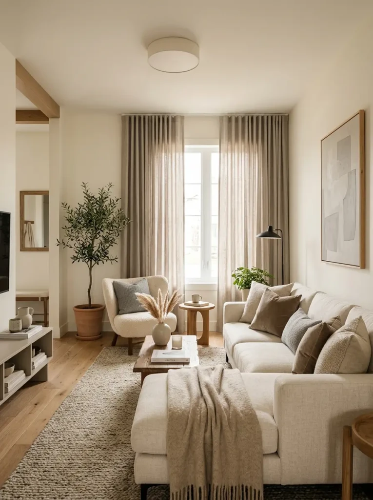 A serene living room in beige, taupe, cream, and gray tones with soft cushions, curtains, and warm lighting.