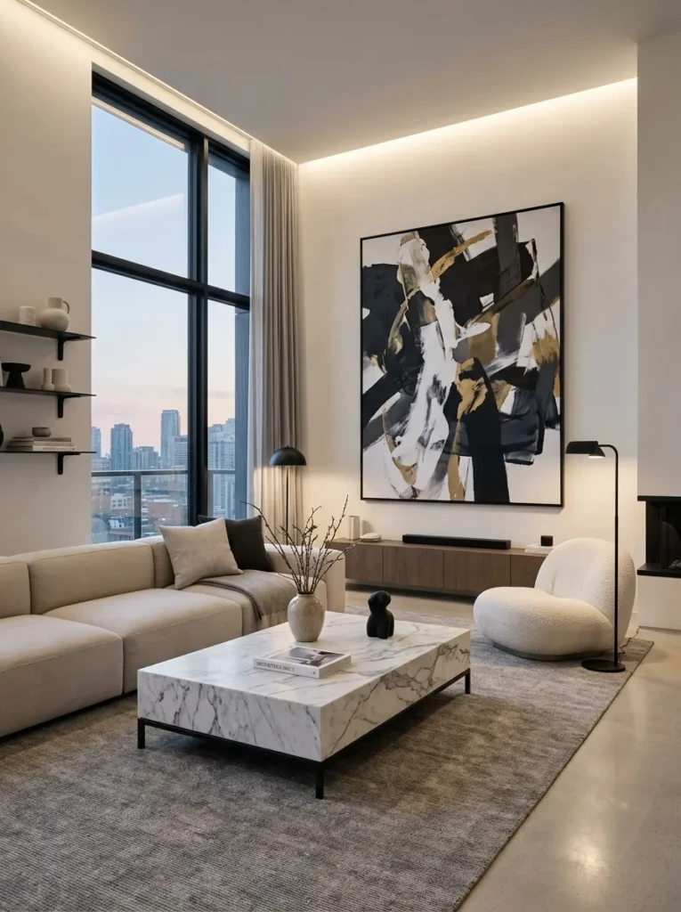 Elegant modern living room interior with low-profile sofa, marble table, and minimal decor accents.