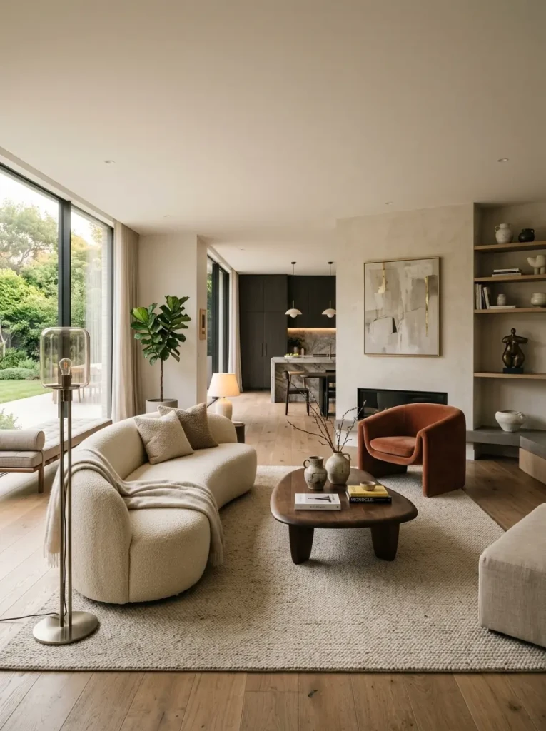 Open-concept modern contemporary living room with sculptural furniture and soft neutral styling.
