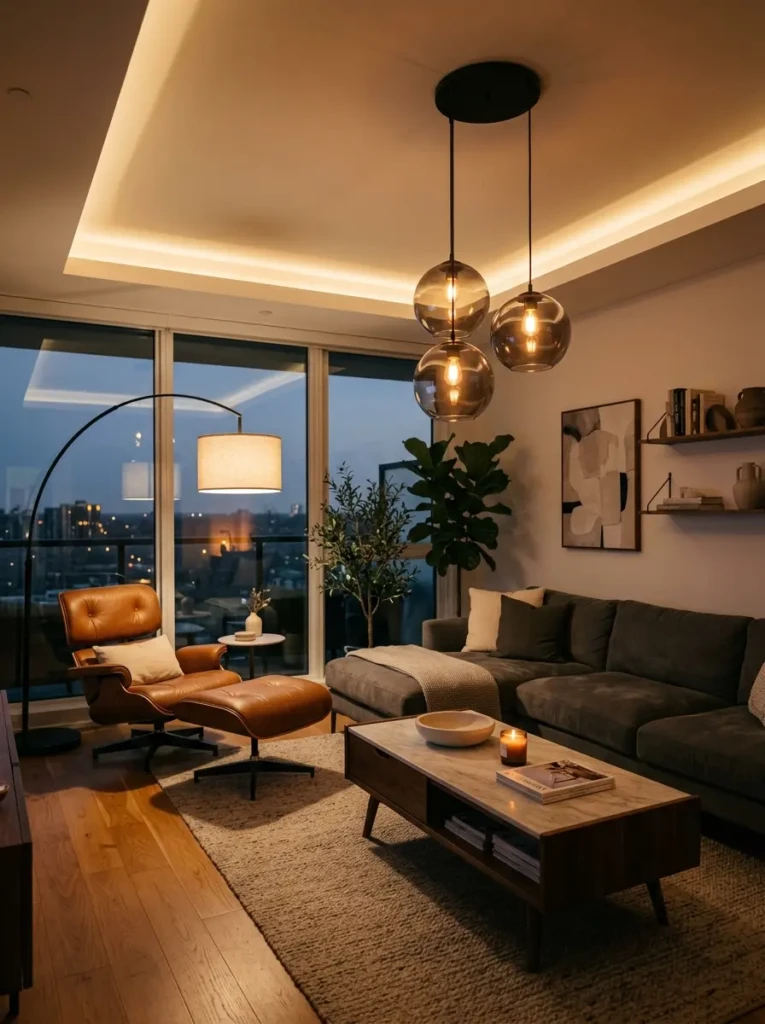 Contemporary living room illuminated with arched floor lamp, pendant lights, and warm ambient glow.