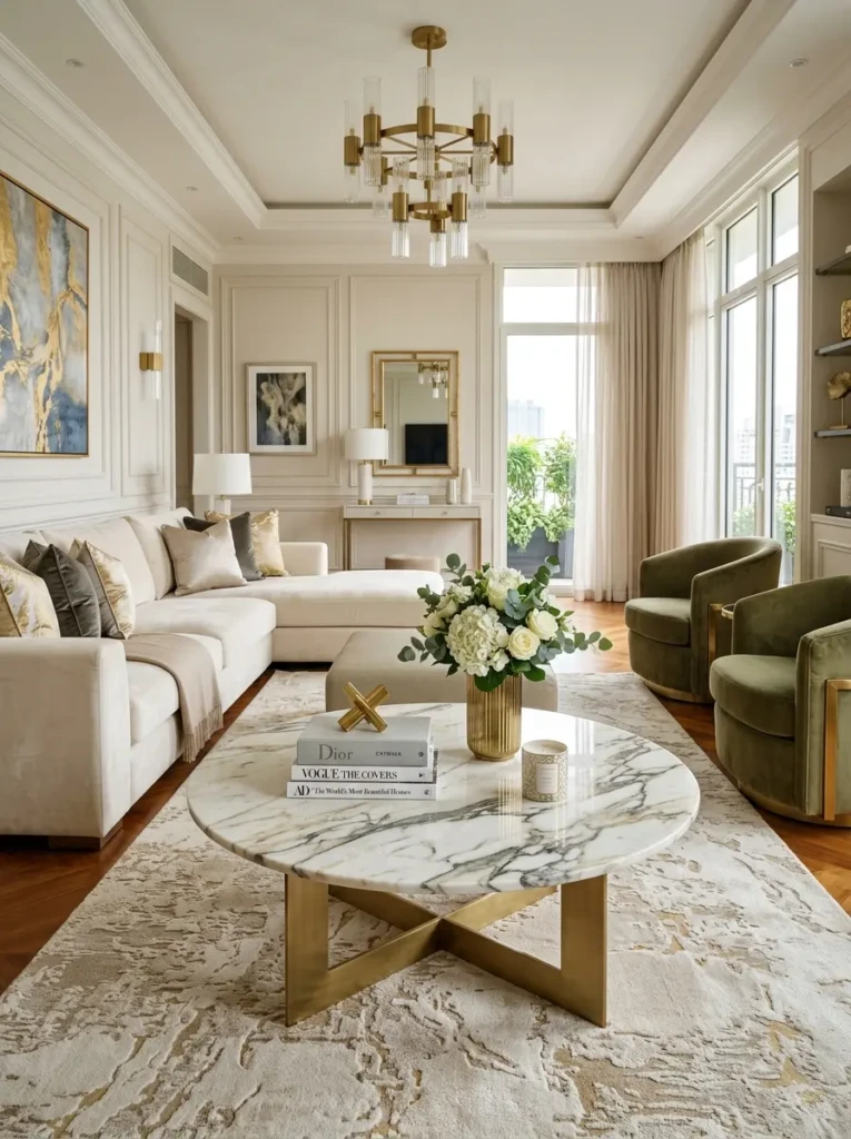 Statement marble coffee table centered in a luxury living room with plush seating.