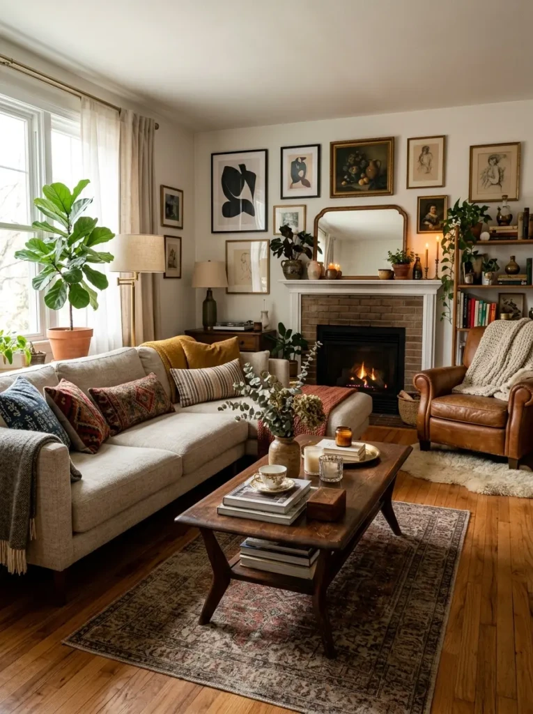 A cozy living room blending modern sofa with vintage wooden furniture creating a warm and character-filled space