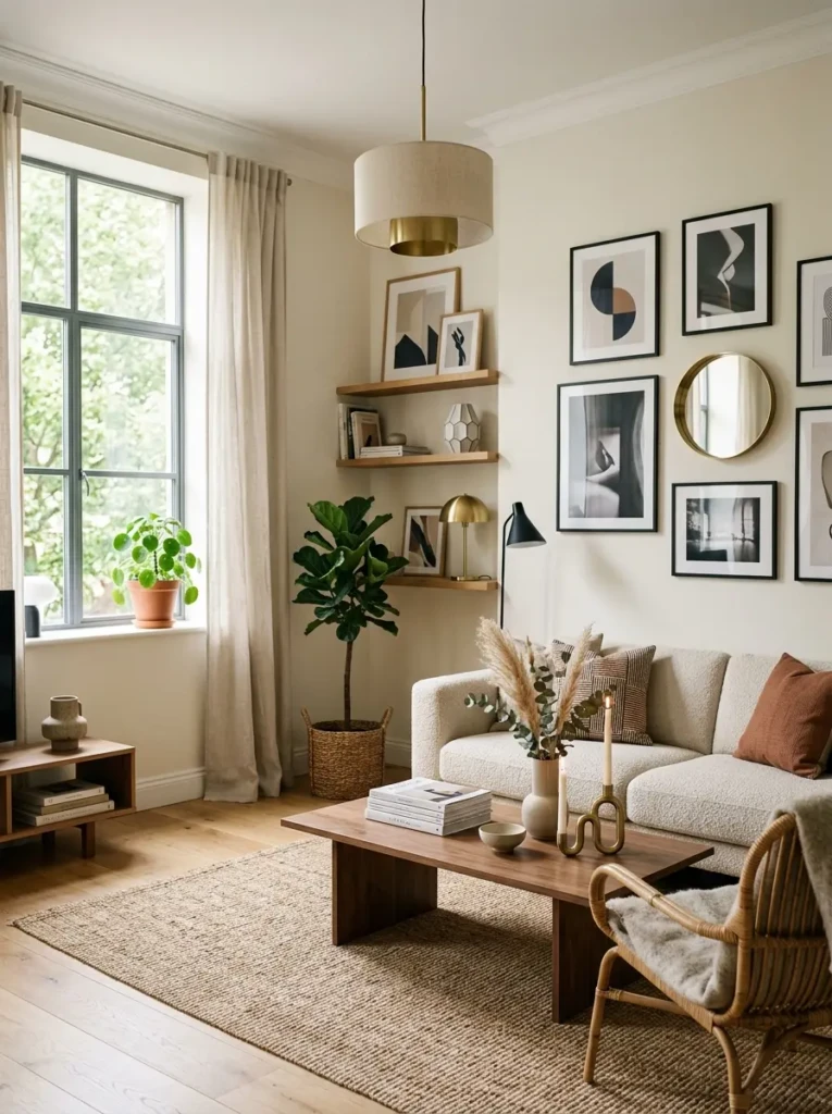 Stylish small living room with contemporary decor, geometric accents, boho textures, and minimalist furniture.