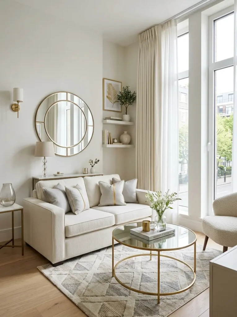 Elegant small modern living room with a compact cream loveseat, slim coffee table, tall curtains, and bright neutral styling.