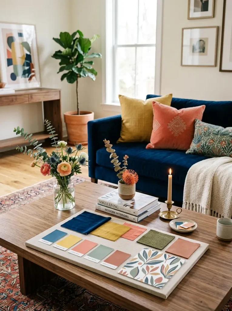 A stylish living room designed around blue, yellow, coral, green, and terracotta tones with coordinated decor and soft furnishings.