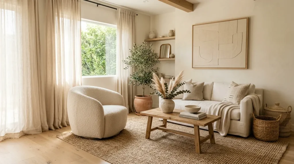 Boho minimalist living room with neutral tones, woven textures, boucle chair, jute rug, and natural wood accents.