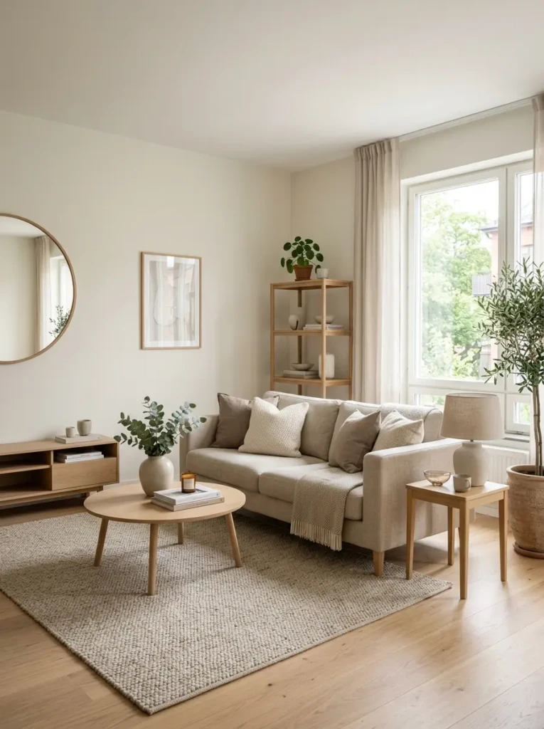 Serene small living room in beige, ivory, and taupe shades with light wood furniture and soft textures.