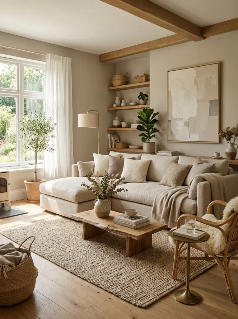 Bright living room with soft neutral wall colors, linen sofa, layered textures, and warm sunlight.