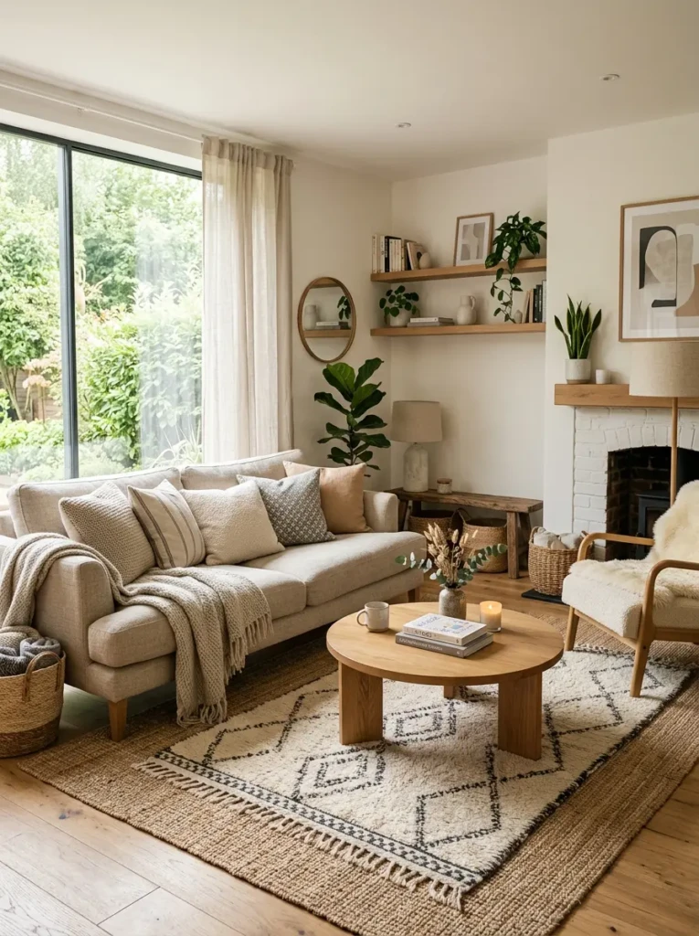 A stylish living room featuring layered rugs, cushions, and neutral tones for a cozy aesthetic.