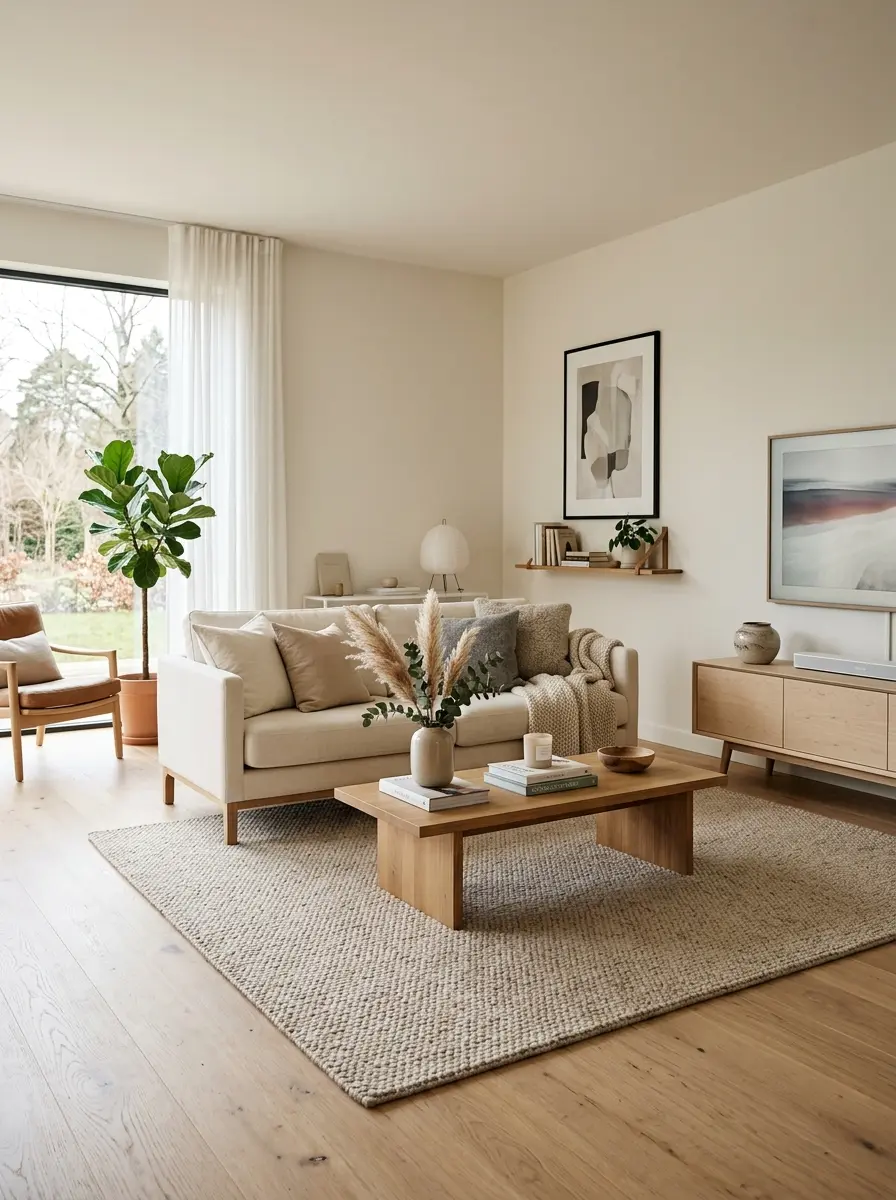 Cream Nordic sofa with oak coffee table, birch console, woven rug, and clean minimalist Scandinavian furniture.