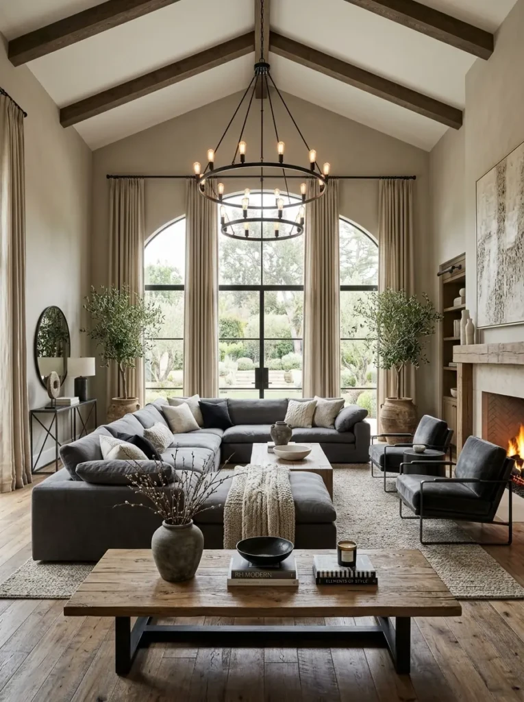 Oversized grey sectional in restoration hardware living room style with linen drapes and oak table.