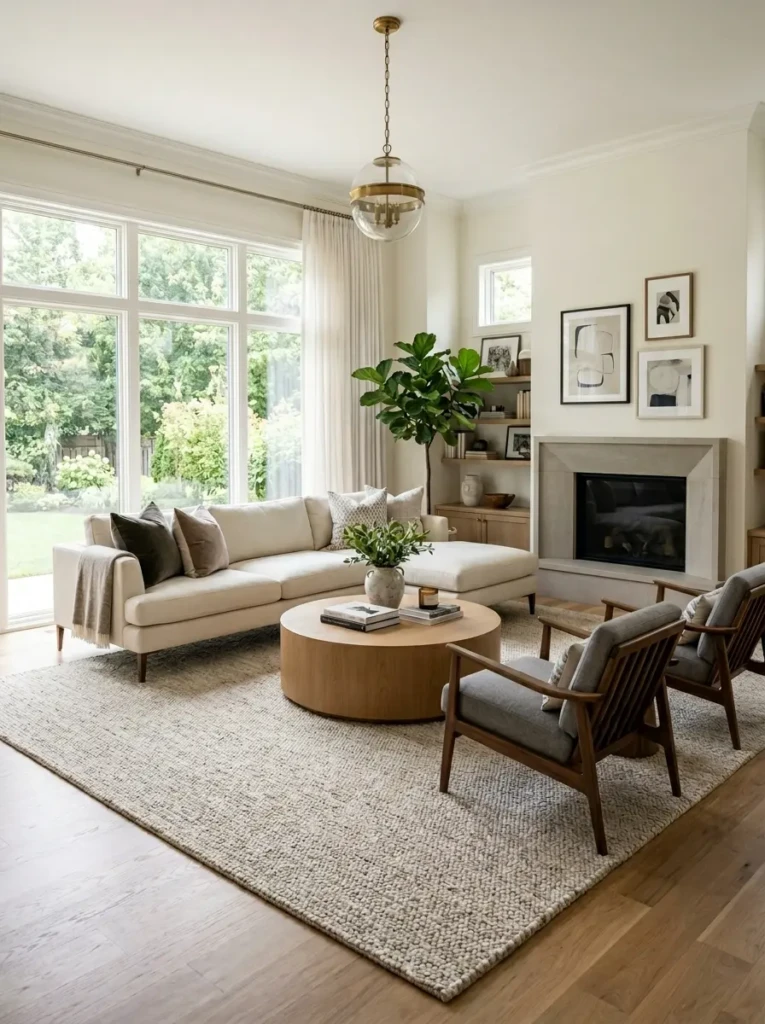 Large rug correctly sized under living room furniture for a balanced and connected layout.