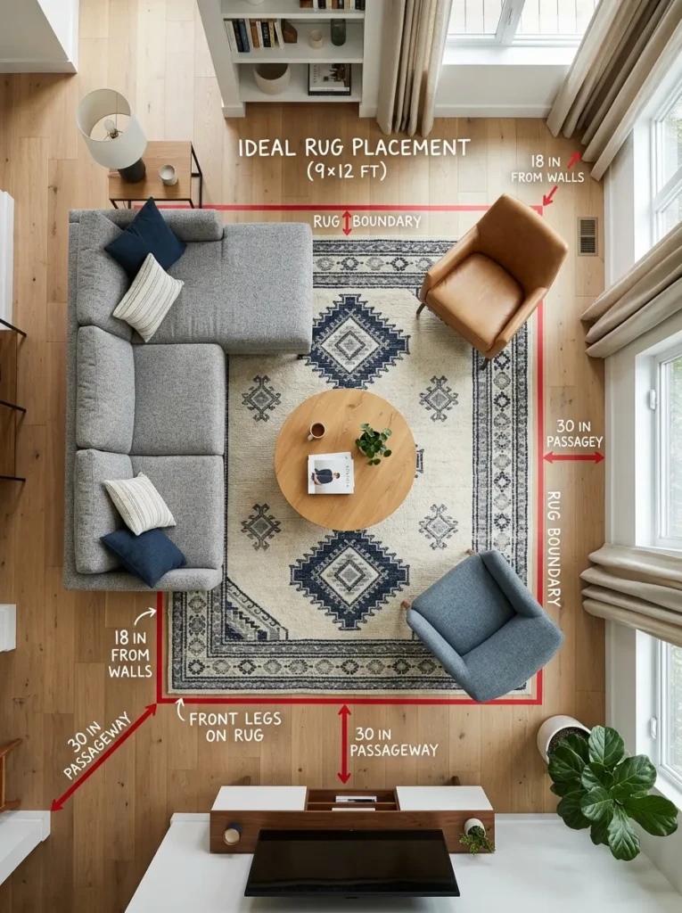 Sofa and chairs arranged with measuring tape to show ideal living room rug placement.