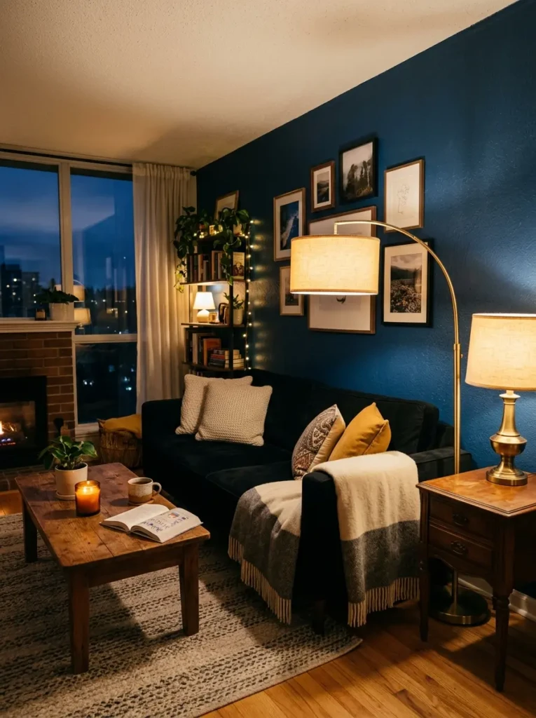 Black couch illuminated by warm floor lamp and table lamp in a cozy evening setting.