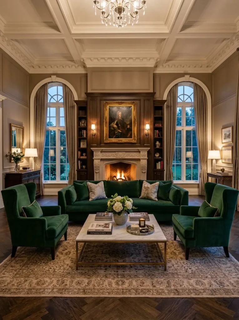 Deep velvet sofa with matching armchairs in a symmetrical luxury living room seating arrangement.