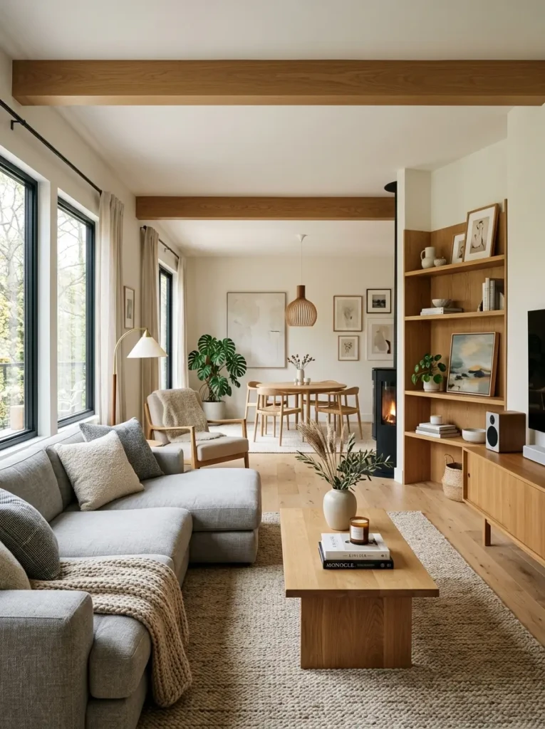 Cohesive living room style with Scandinavian-modern furniture, warm oak finishes, and neutral textiles.
