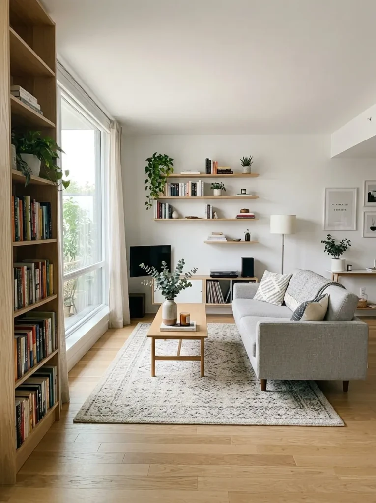 Small living room with floating sofa layout, wall shelves, open floor space, and clever apartment furniture arrangement.