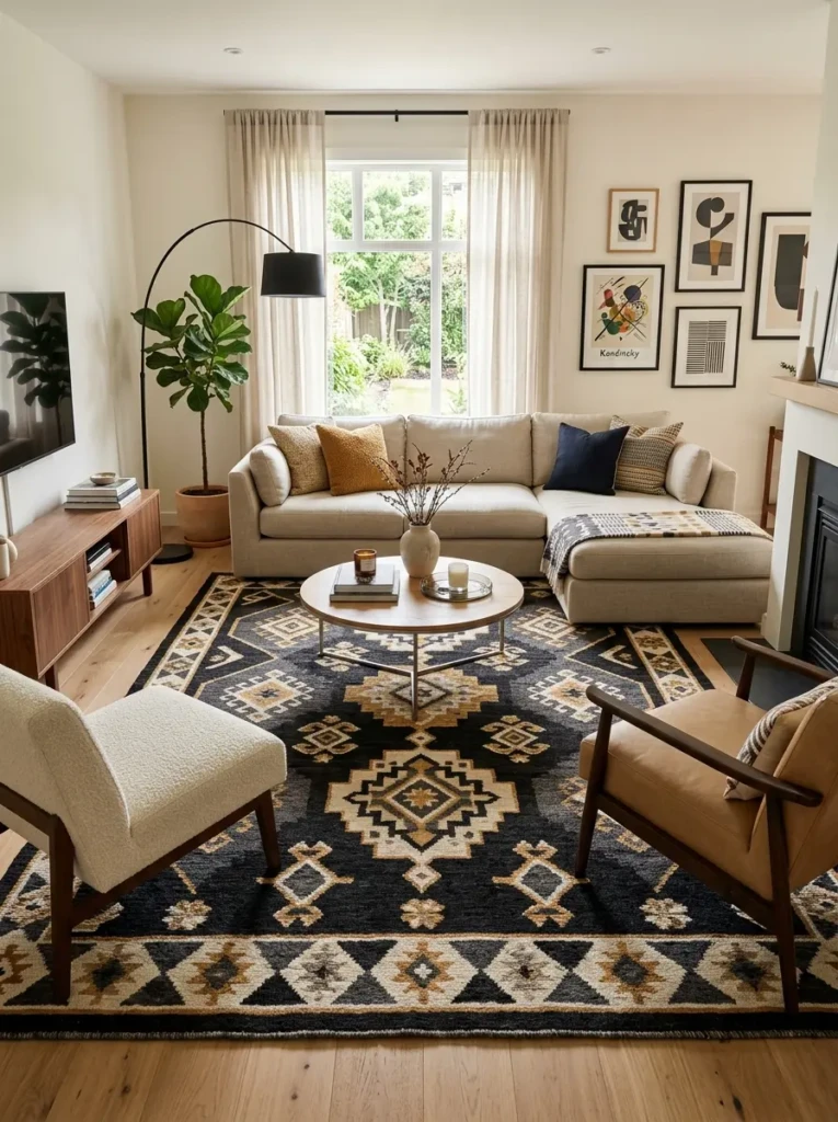 Bold patterned living room rug paired with a simple neutral sofa and modern décor.