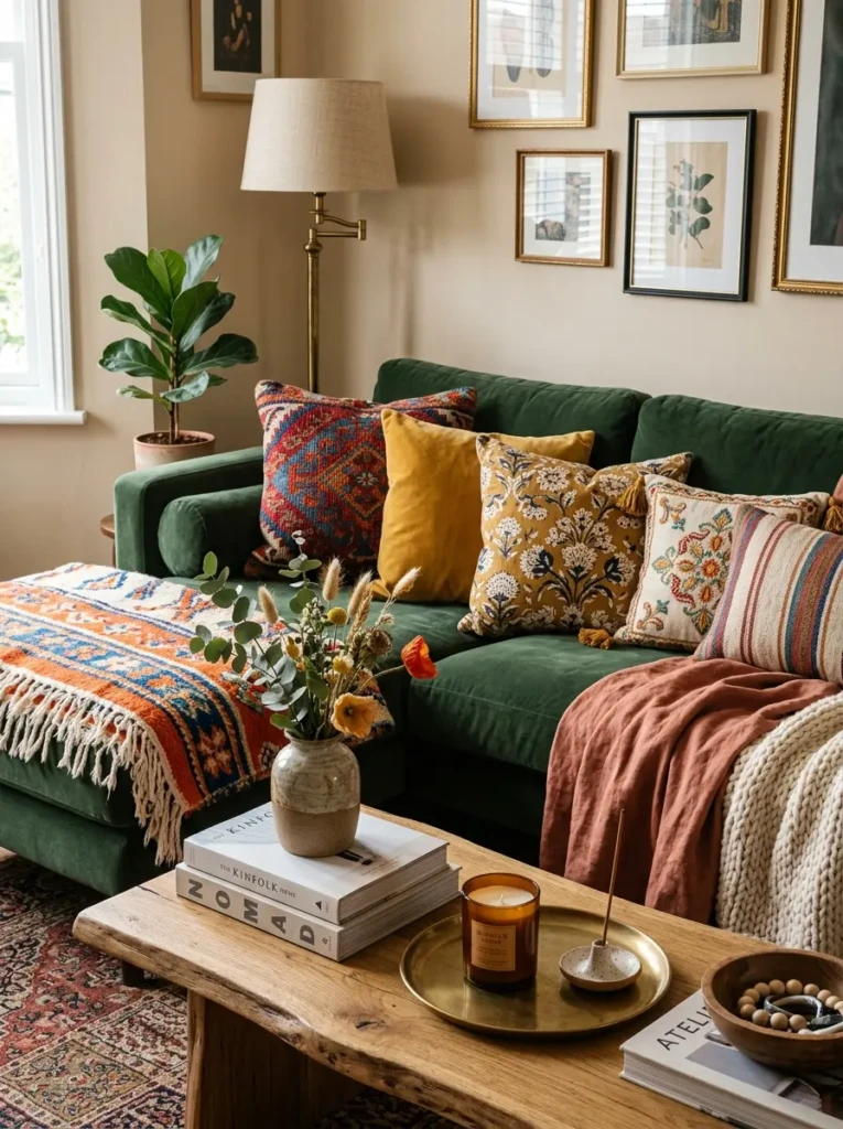 A cozy living room with layered colorful cushions, mixed fabrics, soft throws, and richly textured styling details.