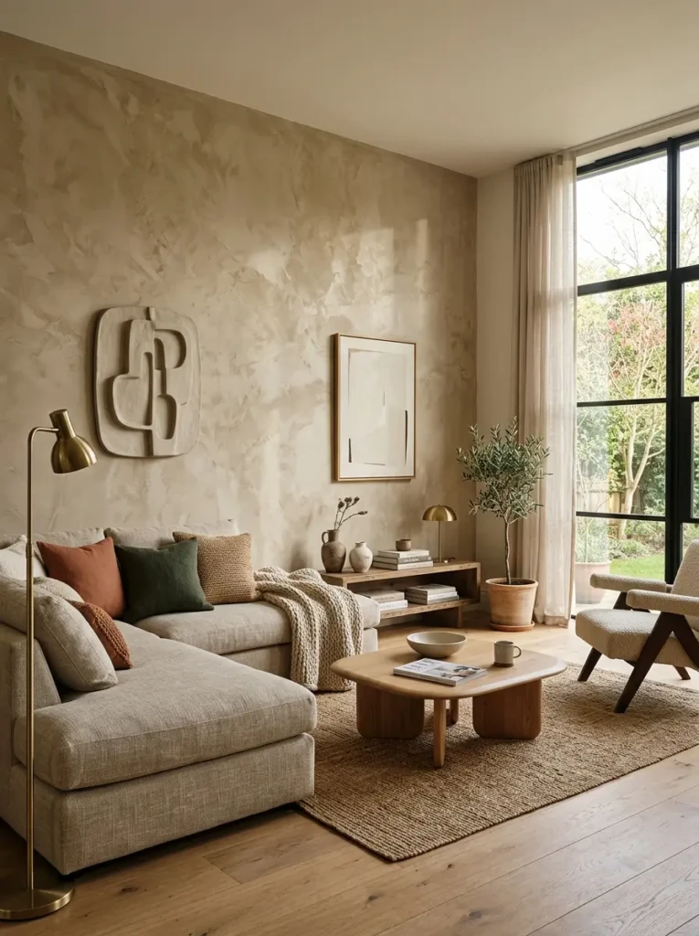 Elegant living room with a textured plaster feature wall highlighted by natural daylight and modern furniture.