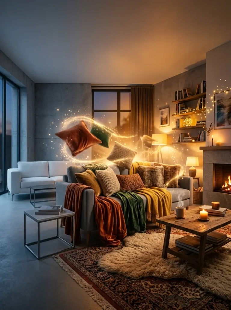 A living room transforming into a cozy space with soft lighting, layered textures, and warm decor accents.
