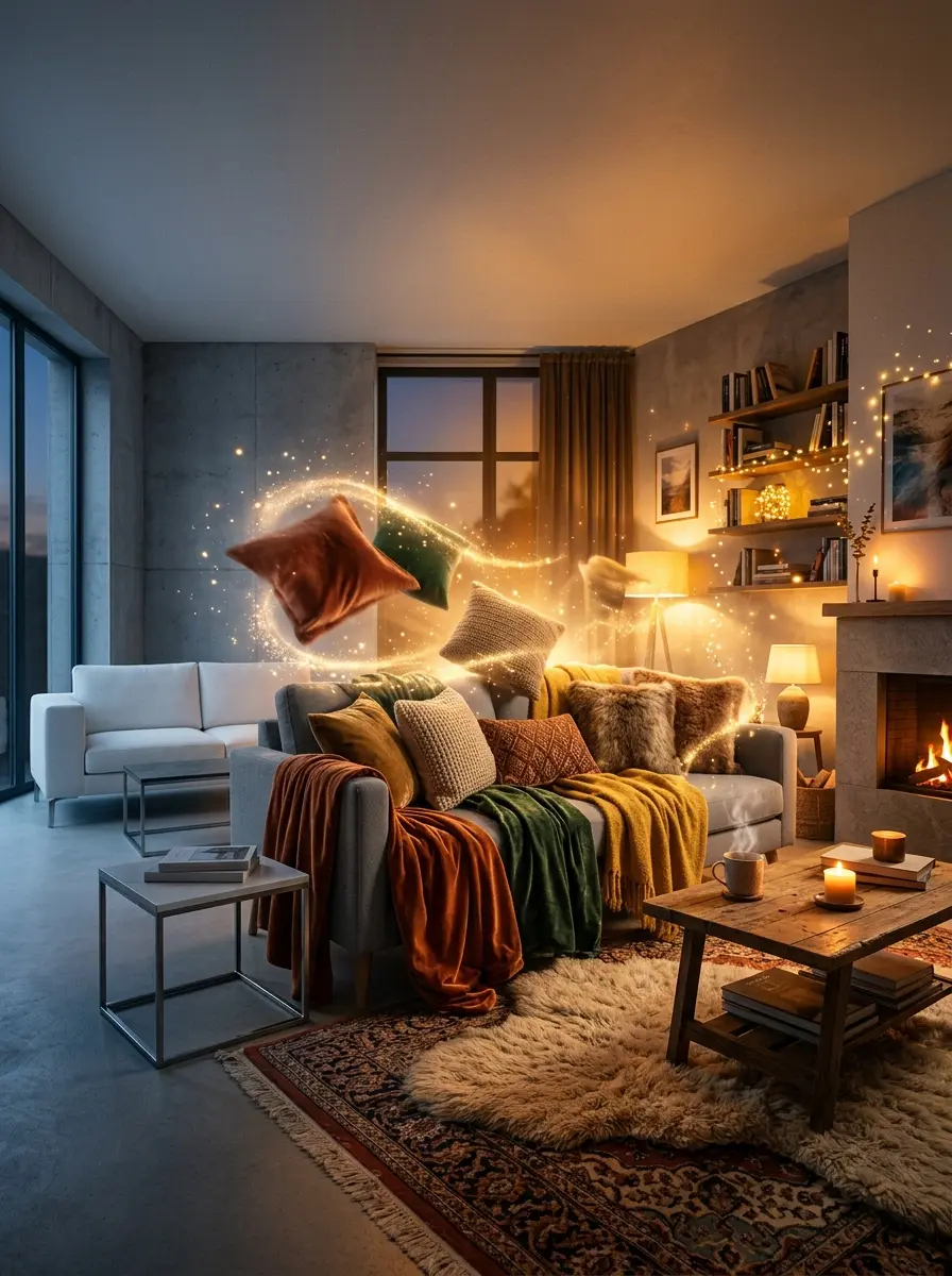 A living room transforming into a cozy space with soft lighting, layered textures, and warm decor accents.